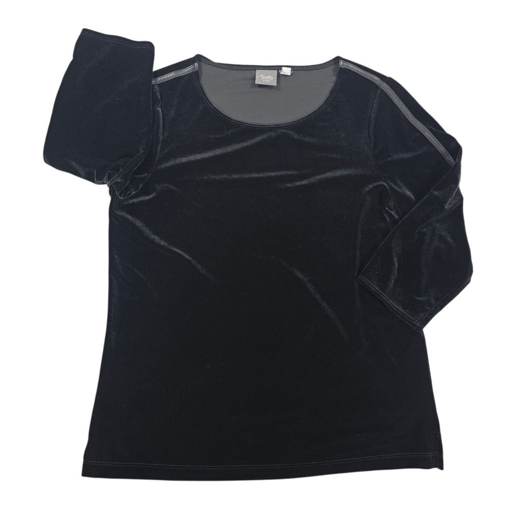 Chicos Travelers Velvet Faux Leather Trim Top Black Size 0 Womens Holiday  4 / 6